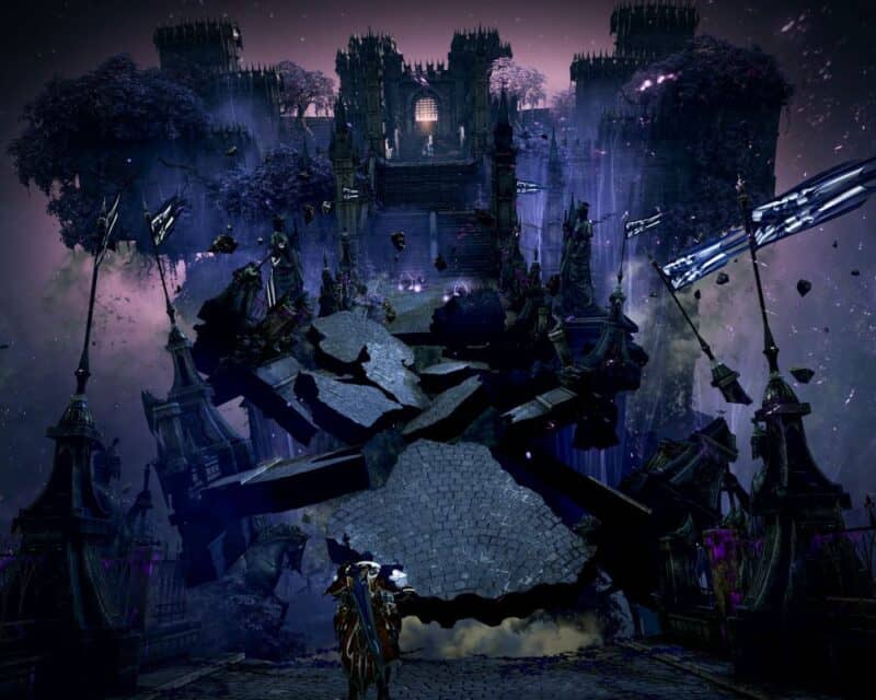 Zrzut ekranu z gry Lost Ark z oficjalnej strony na Steamie, nasza postać stoi tyłem i patrzy na podniesiony magicznie do góry zamek i zniszczoną drogę, która do niego prowadziła, Lost Ark nowy gameplay