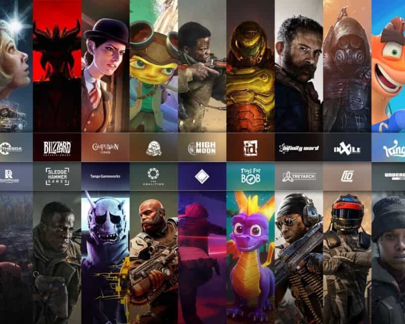 grafika pokazująca część marek które znajdą się w posiadaniu Microsoftu po przejęciu Activision Blizzard, od lewej góra Bethesda, Blizzard, Compulsion Games, Double Fine, High Moon, id, infinity ward, inXile, King, od lewej dół Roundhouse Studios, Sledgehammer Games, Tango Gameworks, the Coalition, The Initiative, Toys for BOB, Treyarch, Turn 10, Undead Labs, Microsoft Activision Blizzard nowe marki