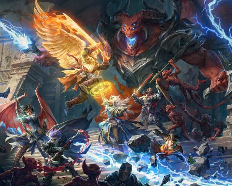 grafika promująca grę Pathfinder: Wrath of the RIghteous, bohaterowie walczący z demonami, Pathfinder Wrath of the Righteous wersja konsolowa opóźnienie