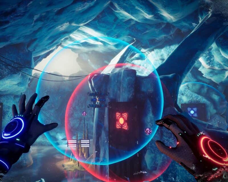 Screen z gry Relicta, bohaterka za pomocą swoich dwóch grawitoelektromagnetycznych rękawic tworzy pola grawitacyjne i magnetyczne, jedno czerwone, drugie niebieskie, Relicta za darmo Epic