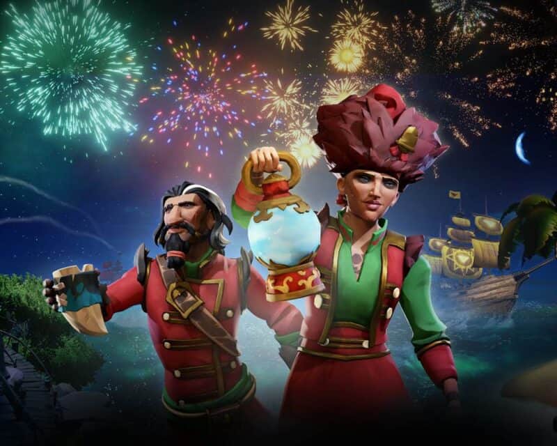 grafika promująca grę Sea of Thieves, piratka z przodu trzymająca latarnię i pirat z brodą i rogiem do picia z tyłu, w tle fajerwerki, księżyc, statek, a także fragment drewnianego, starego molo, Sea of Thieves nowe plany 2022