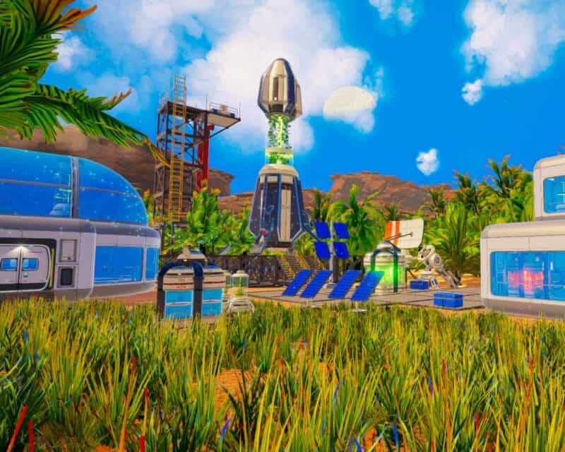 Darmowe demo The Planet Crafter można pobrać ze Steama – screen z gry, cywilizacja na obcej planecie, budynki, trawa