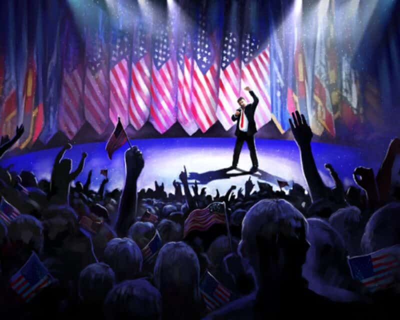 Grafika z początku gry, pokazująca naszego wiceprezydenta w grze przemawiającego do zgromadzonych wyborców i sztabu, po wygranych wyborach, This is the President recenzja