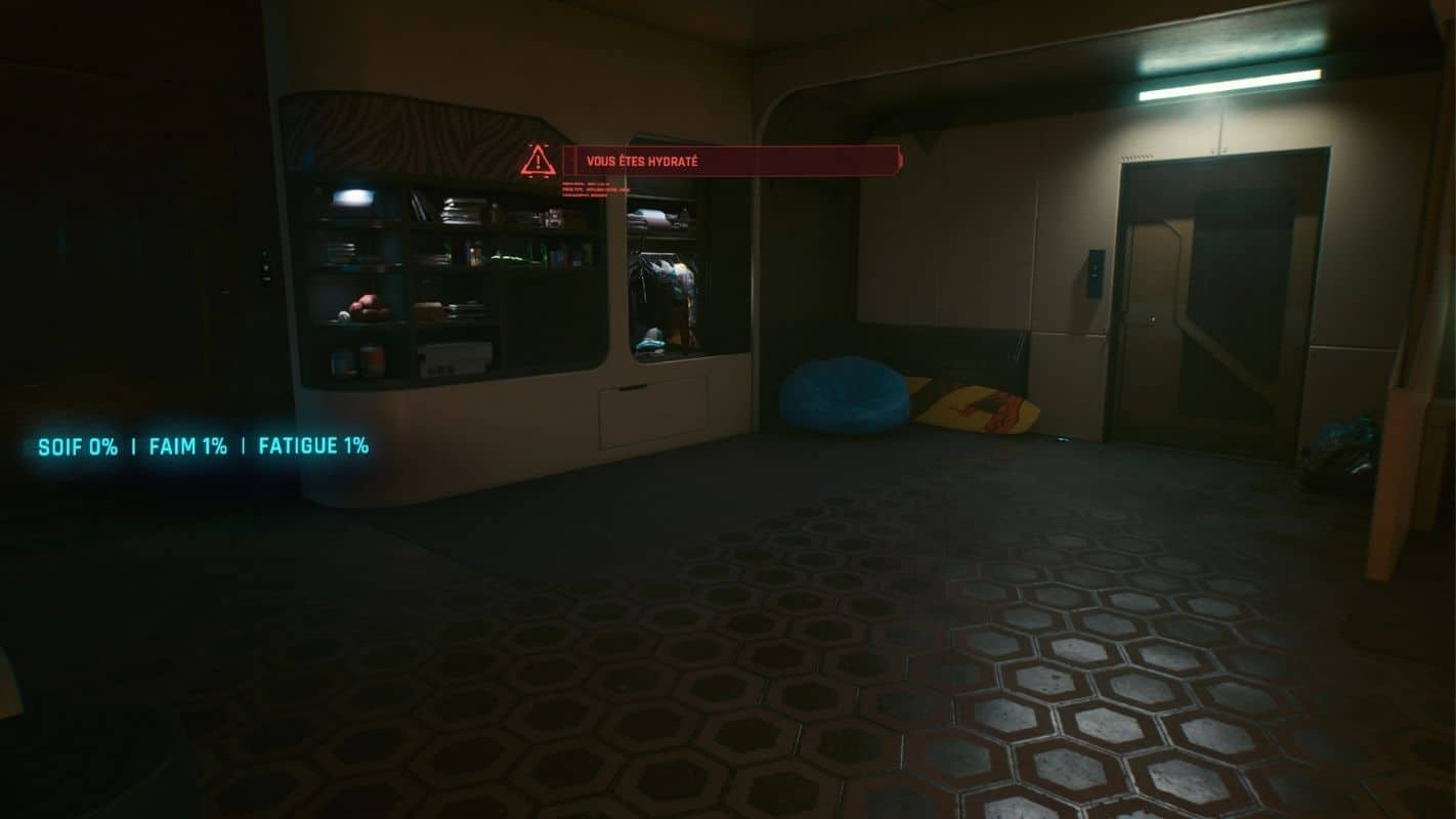 ciemny screen, niewiele widać, po lewej stronie na niebiesko zapisane trzy hasła dotyczące potrzeb postaci