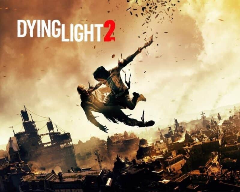dwóch ludzi spada na tle żółtego nieba, w dole ruiny miasta, polska lokalizacja Dying Light 2