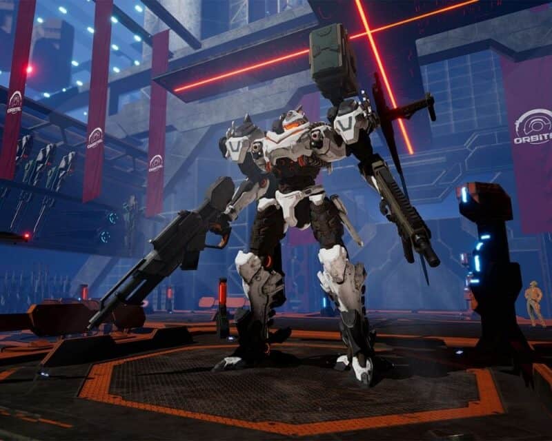 Daemon X Machina, na obrazku ciemnie tło i robot na środku