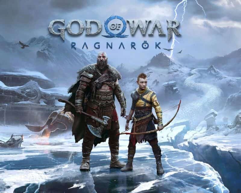 grafika tytulowa God of War, a w jej centrum łysy bog wójny, Kratos z synem u boku, wokół skuty lodem krajobraz i mroczne niebo