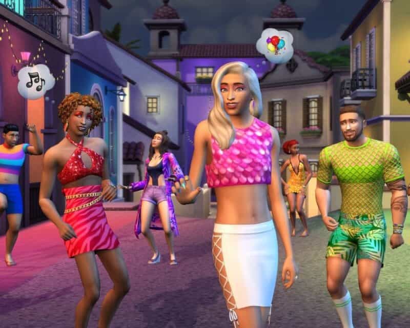 kolorowo ubrani Simowie na zapowiedzi nowej kolekcji The Sims 4: Karnawał