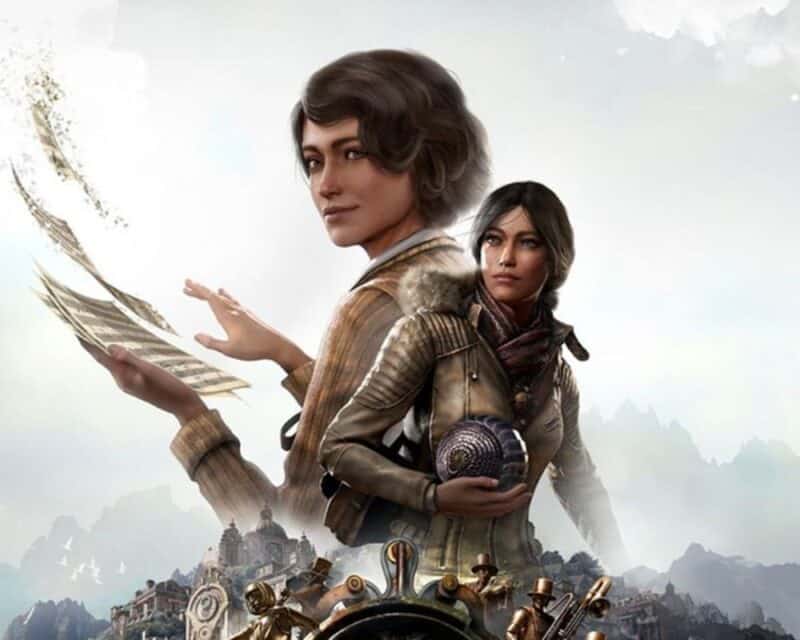 grafika Syberia The World Before, na niej jasne niebo, a na pierwszym planie dwie kobiety, jedna w kurtce z puchowym kapturem, a druga z kartkami z nutami do pianina