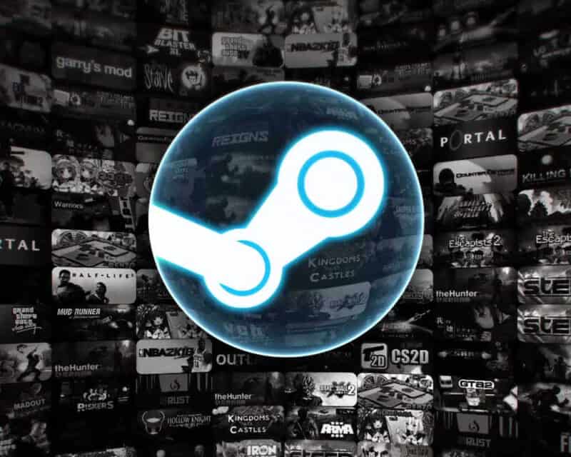 grafika przedstawiająca logo Steam na tle szarego kolażu z różnych grafik promujących gry, grafiki z tytułami gier, Valve 2021 wyniki rekord