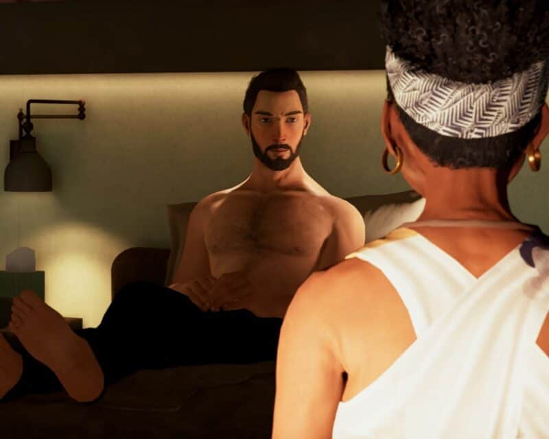 Screen z gry, sesja terapii i hipnozy, mężczyzna leży na łóżku, terapeutka siedzi na krześle