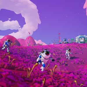 Astroneer premiera na Nintendo Switch. Na obrazku przedsiębiorczy astronauci radośnie bięgną przez ukwieconą łąką na nieznanej planecie.