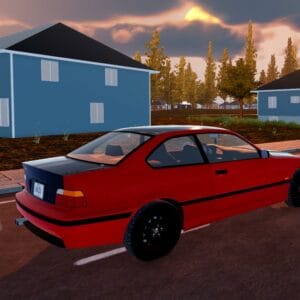 Mon Bazou symulator Kanadyjczyka. Na obrazku czerwony samochód jedzie przez niewielkie miasteczko.