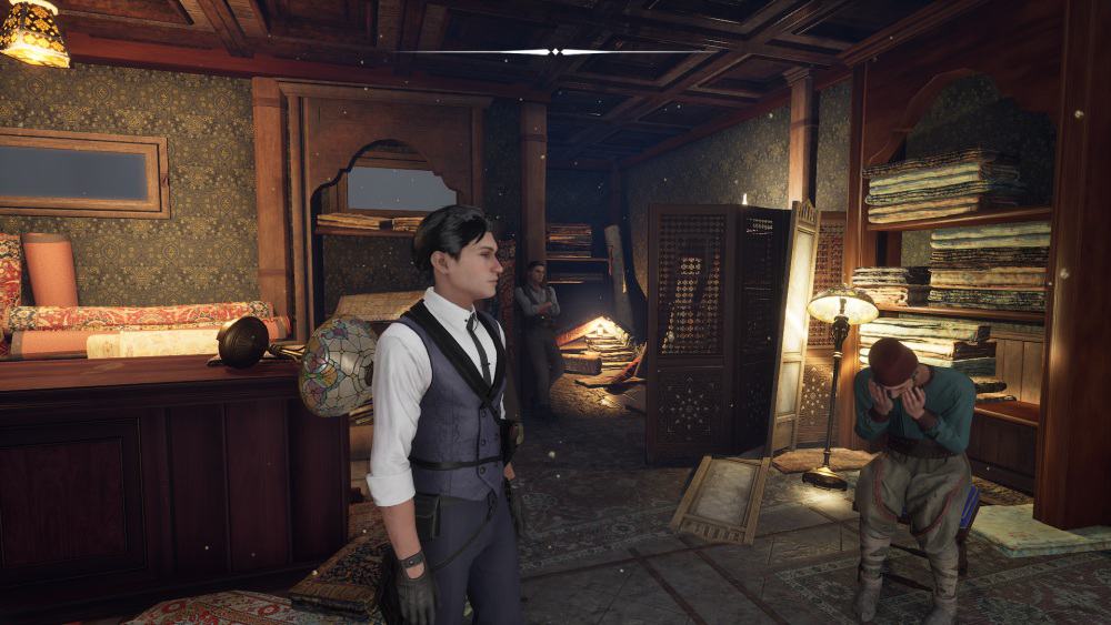 Sprzedawca dywanów, zamieszanie, śledztwo, Sherlock stojący w sklepie z dywanami. Sherlock Holmes Chapter One Mycroft’s Pride recenzja