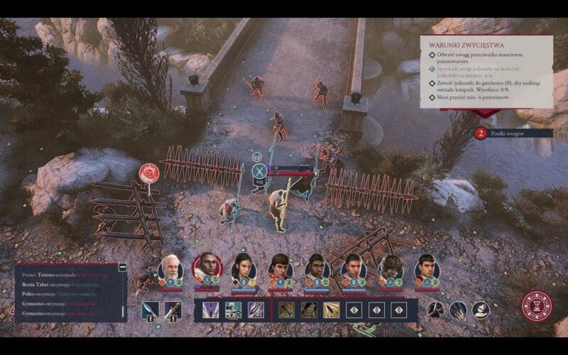 ekran walki taktycznej, ruch naszych pretorianów, na moście stoi trzech wrogów, poniżej czwórka naszych żołnierzy obok palisady
