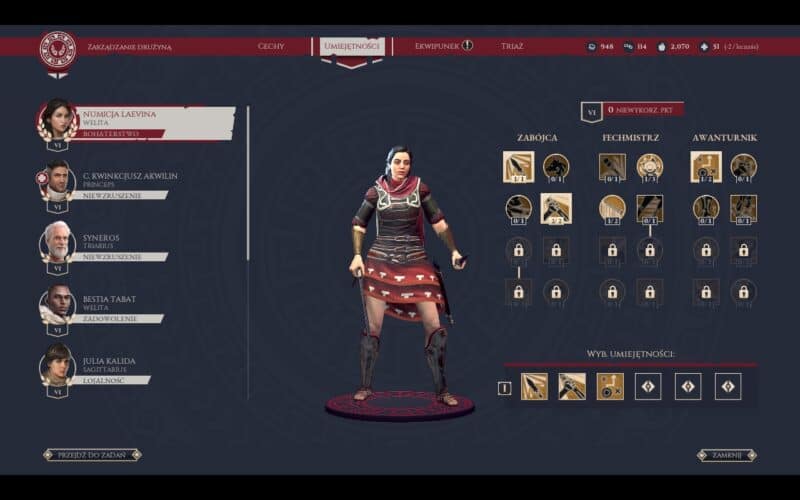 ekran umiejętności mojej postaci, welity, po lewej spis podróżujących ze mną towarzyszy, na środku moja sylwetka, po prawej trzy drzewka z umiejętnościami do wyboru