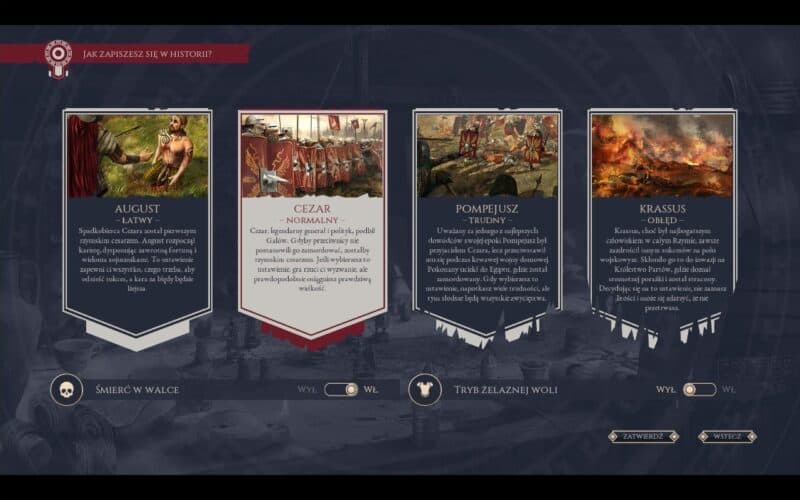 ekran wyboru poziomu trudności, od lewej August, Łatwy, Cezar, Normalny, Pompejusz, Trudny oraz Krassus, Obłęd