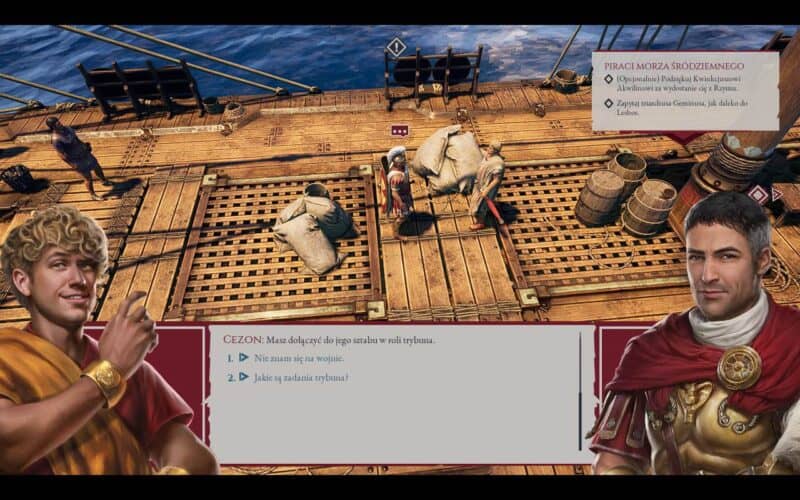 screen z gry Expeditions: Rome, rozmowa męskiego bohatera z Cezonem o zadaniach na Lesbos