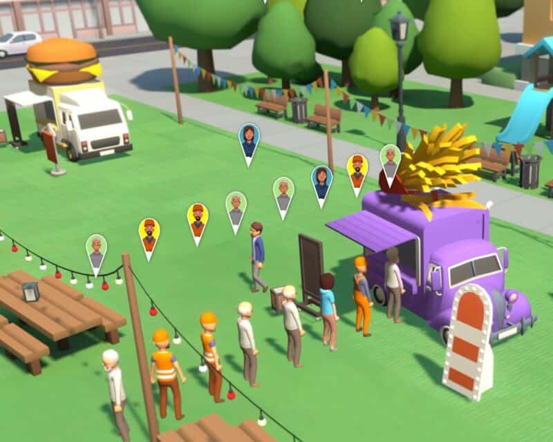 Jest już zwiastun Food Truck Empire, screen z gry, food trucki, kolejka, park, drzewa, łąka, stoliki