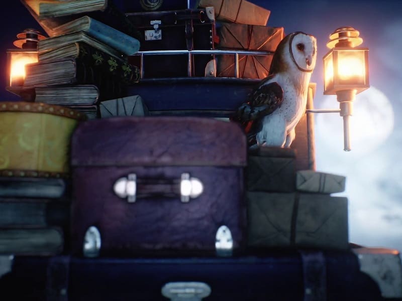 Hogwarts Legacy screen z trailera - sowa i walizki na latającym wozie