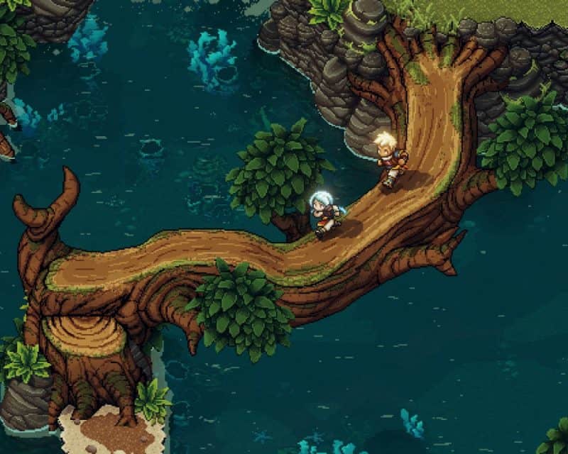 Rozgrywka w Sea od Stars – screen z gry, pikselowe postacie biegną przez gałąź