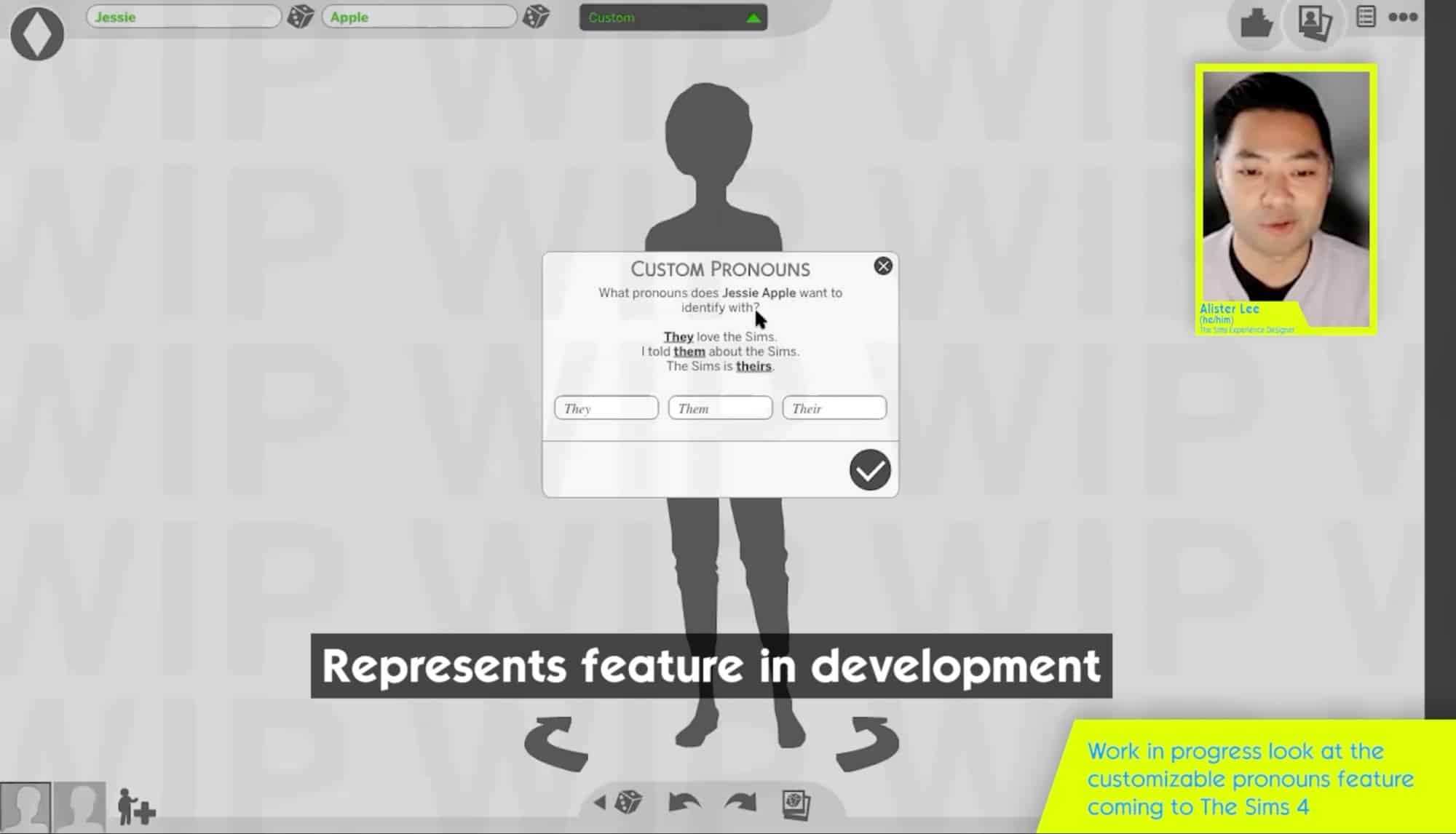 The Sims 4 – przykładowa strona z wyborem własnych zaimków 
