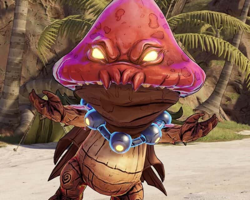 screen z gry Tiny Tina's Wonderlands, od frontu pokazany zmutowany grzyb ze świecącymi oczyma i naszyjnikiem z metalowych koralików, jest przechylony nieco na nasze prawo i rozkłada ręce i patrzy przed siebie, Tiny Tina's Wonderlands pokaz rozgrywki