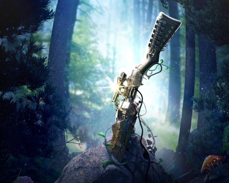 Grafika promująca grę Tiny Tina's Wonderlands przedstawiająca broń włożoną w kamień na wzór Ekskalibura, w prawym rogu wygląda grzyb ze świecącymi oczami, Tiny Tina's Wonderlands złoty status