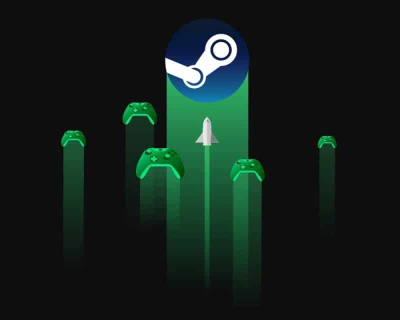 grafika promująca platformę Xbox, pady i statek kosmiczny lecące w górę, powyżej zamiast logo Xbox wklejone logo Steama, usługa Game Pass na Steam