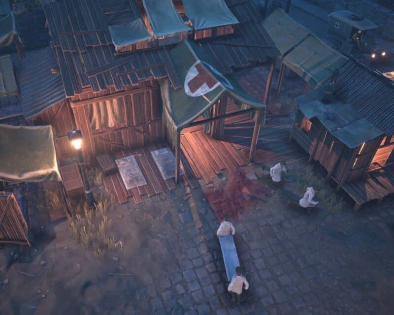 War Hospital zwiastun kinowy – screen z gry, szpital polowy, czerwony krzyż na dachy, sanitariusze, nosze