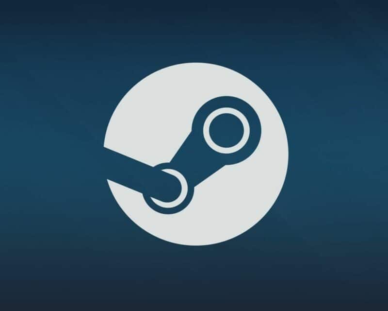 Logo Steam, białe kółko z małym mechanizmem na ciemnoniebieskim tle