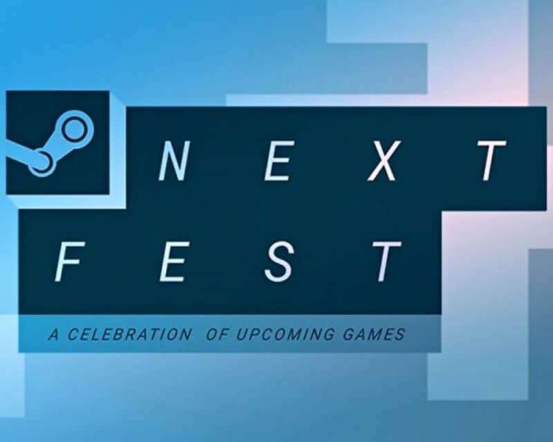 czarne logo pisane dla steam next fest na luty 2022, na niebieskim tle