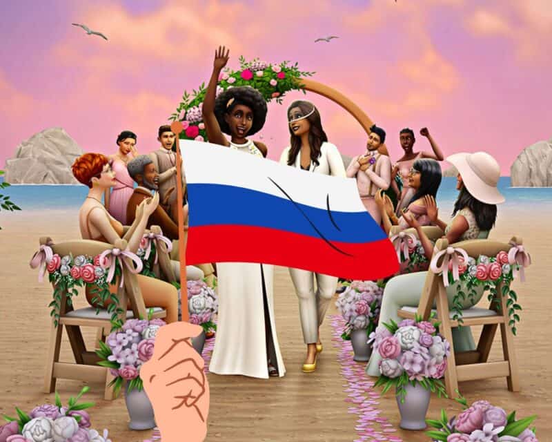 na obrazku flaga rosyjska zakrywająca biusty kobiet LGBTQ+ na ślubnym kobiercu w grze The Sims 4: Ślubne historie