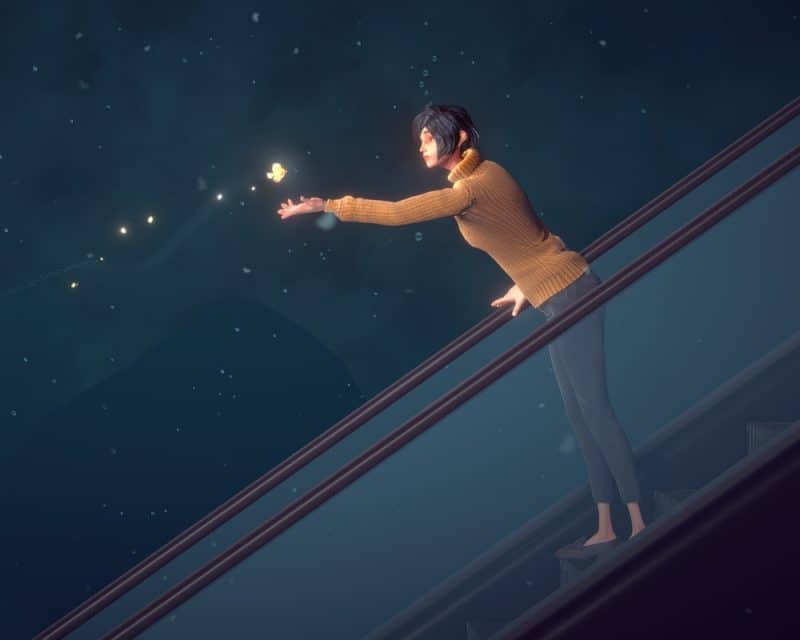 Nadeszła premiera A Memoir Blue – screen z gry, bohaterka na ruchomych schodach (?), tajemnicze ogniki