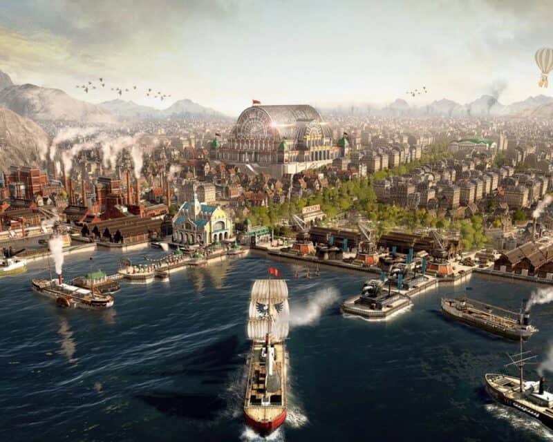 grafika z gry Anno 1800, w tle widać miasto i urząd miasta, na pierwszym planie doki i wpływający do portu statek z białymi żaglami i czarnym orłem na środkowym żaglu, Anno 1800 sezon 4