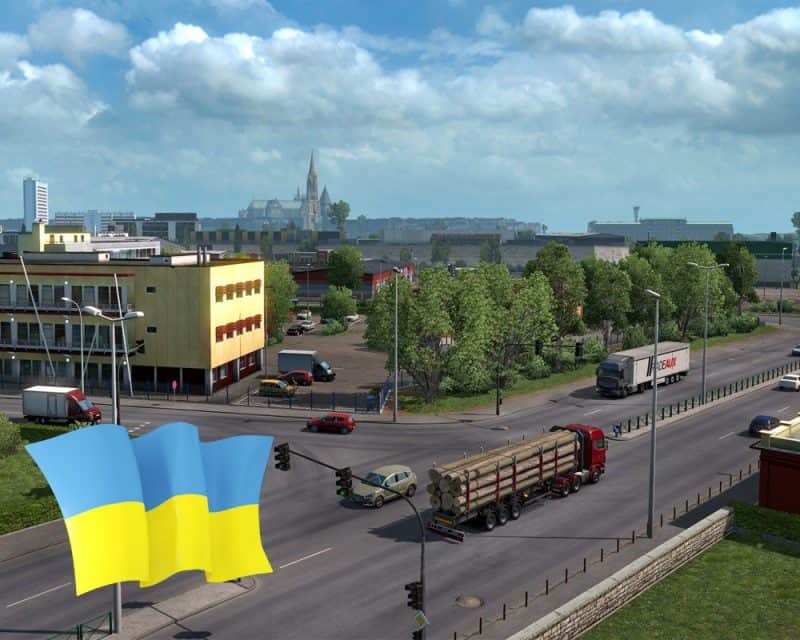 Ukraińskie DLC do Euro Truck Simulator 2 – screen z gry z ukraińską flagą