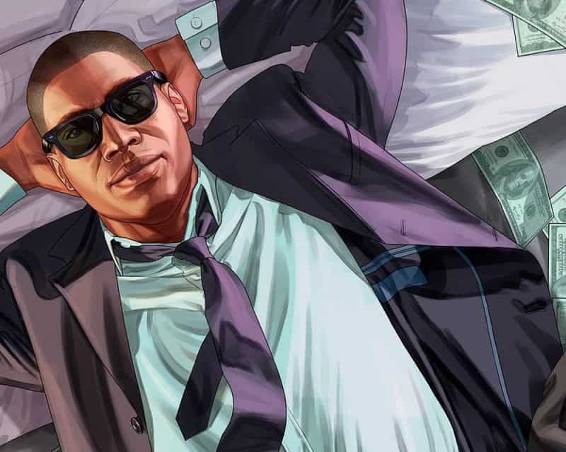 mężczyzna w garniturze, leżący na łóżku otoczony pieniędzmi