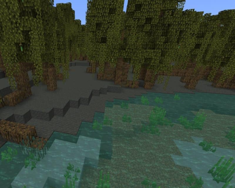 grafika przedstawiająca, jak może wyglądać nowy biom w Minecrafcie, tzw. las namorzynowy, widać wodę, błoto i drzewa charakterystyczne dla tego typu formacji, Minecraft nowy biom