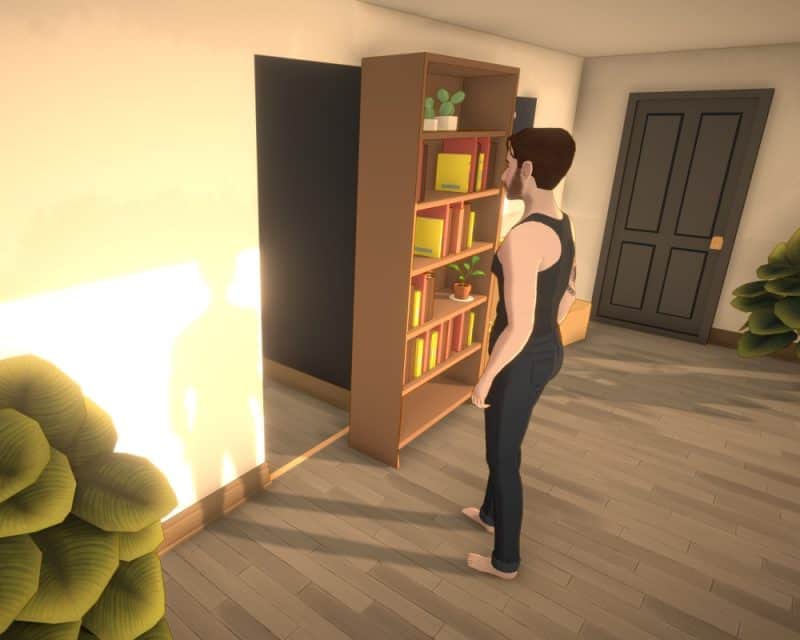 Screen – nowy symulator podobny do The Sims, czyli Paralives, mężczyzna stojący przed drzwiami, pokój, kwiatek, biblioteczka, książki