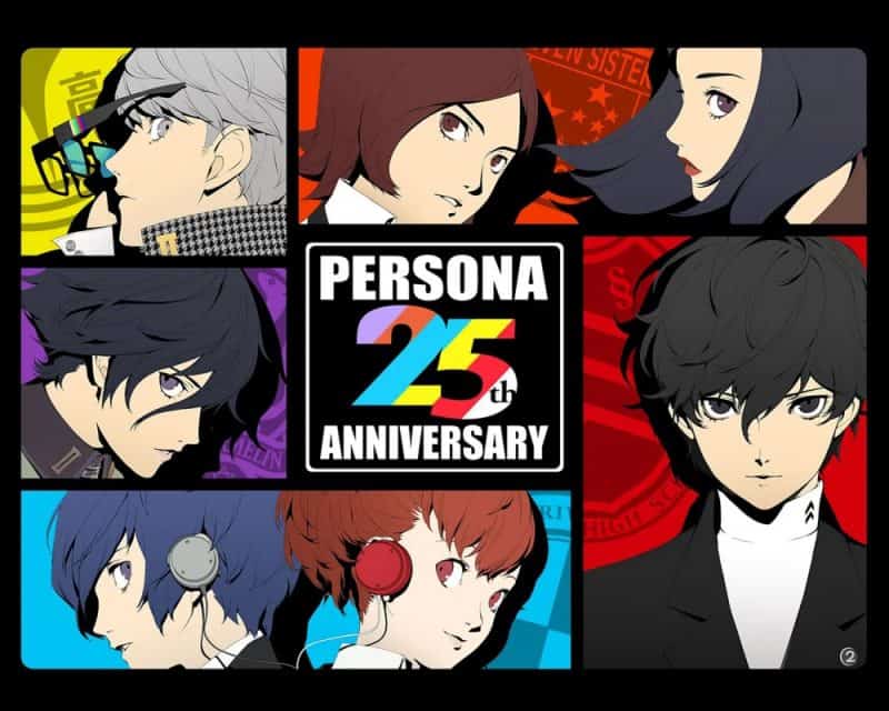 grafika promująca 25 rocznicę serii Persona, zestawiająca ze sobą wszystkich protagonistów serii, na środku wielobarwny napis Persona 25th Anniversary, Persona 6 kolor przewodni zielony