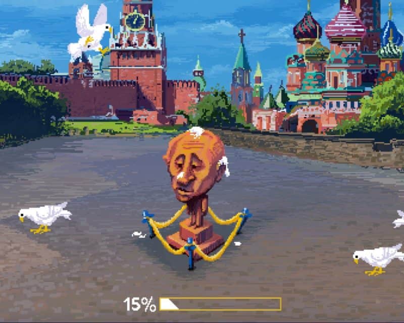 Gołębie srające na głowę posągowi Putina, czyli gra Poopin – screen