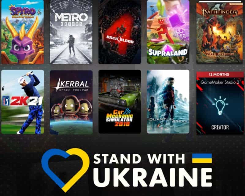 grafika przedstawiająca część zawartości pakietu Stand With Ukraine, dostępnego w Humble Bundle, widać na nim okładki gier Spyro, Metro Exodus, Back 4 Blood, Supraland, podręcznika do Pathfindera, 2K21, Kerbal Space Program, Car Mechanic Simulator 2018, Quantum Break, programu GameMaker Studio 2, Stand With Ukraine pakiet Humble Bundle sprzedaż