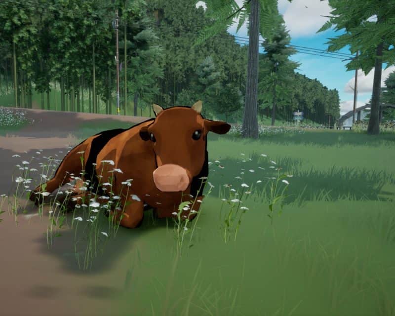 Grafika z gry SunnySide, brązowa krowa leżąca na polu i patrząca gdzieś obok kamery, w tle las, ulica, drogowskaz i coś na kształt mostu, SunnySide symulator farmera