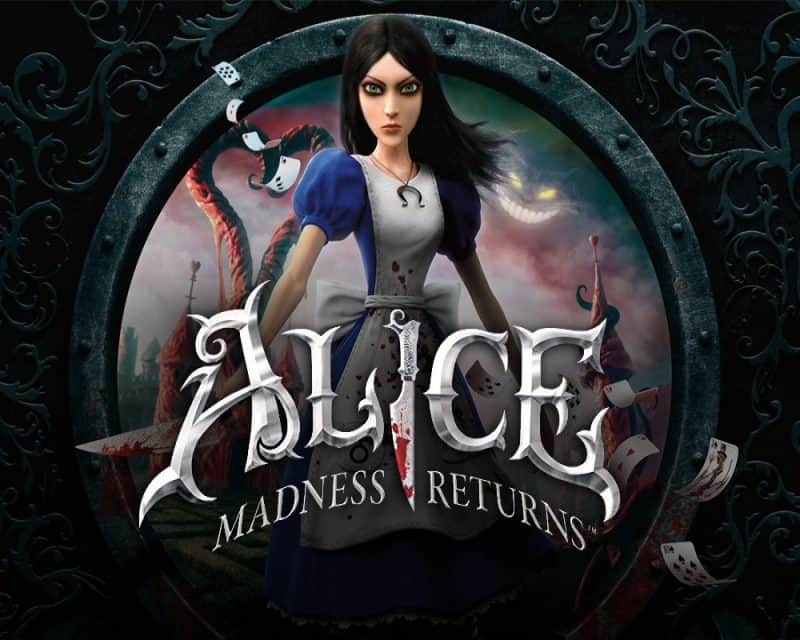 Powrót Alice Madness Return, obrazek dziewczyny na tle krainy czarów, na dziewczynie napis, wokół dziewczyny i tła czerń