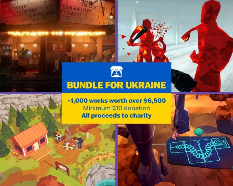 Bundle dla Ukrainy z Itch.io – obrazek ilustracyjny, kolaż screenów z kilku gier