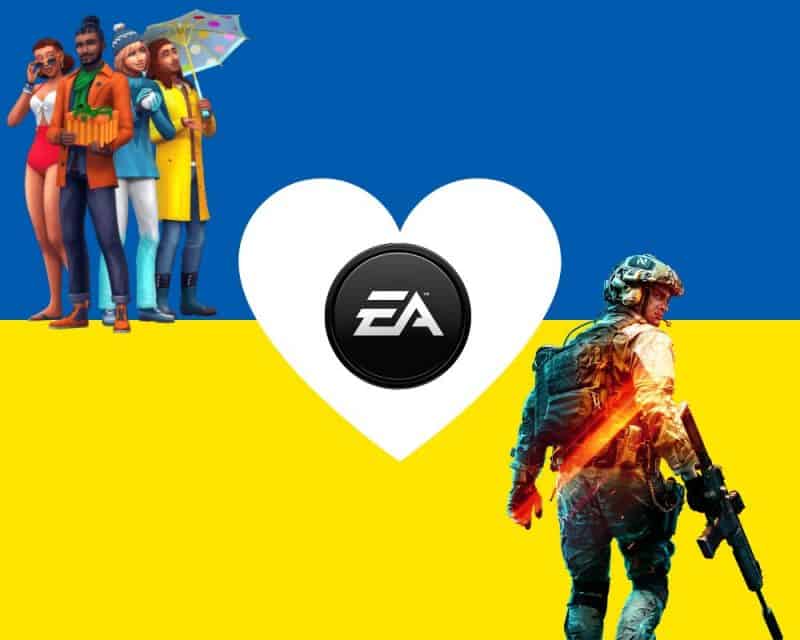 logo Electronic Arts w białym sercu na tle flagi Ukrainy: górna połowa niebieska, dolna połowa żółta; po lewej stronie rodzinka postaci z Simsów, po prawej żołnierz z karabinem z Battlefileld 2042