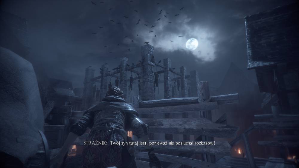 Screen z A Plague Tale: Innocence Amicia na tle szubienicy