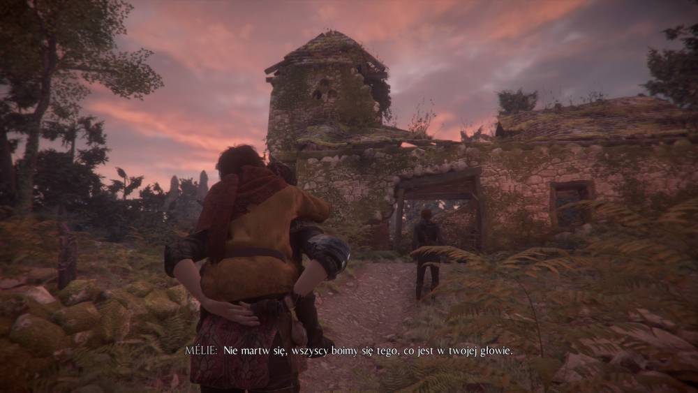 Screen z A Plague Tale: Innocence – Amicia i Hugo na tle ruin