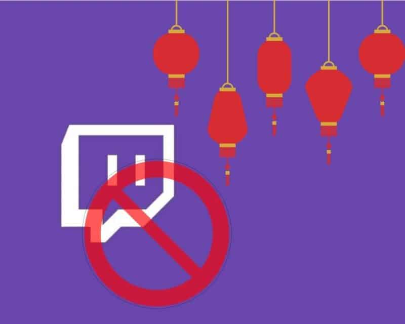 Chiny streaming restrykcje, fioletowe tło, na nim czerwone chińskie lampiony, logo Twitcha i czerwone przekreślone kółko jako znak zakazu