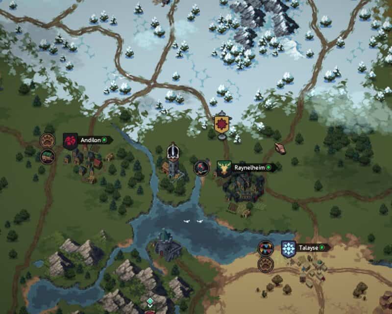 zrzut ekranu z gry The Iron Oath, przedstawiający fragment mapy świata, na górze śnieg, w dolnym prawym rogu pustynia, reszta tereny zielone przeplatane wodą, po lewej miasto Andilion, na środku Raynelheim, niżej Talayse, The Iron Oath wczesny dostęp